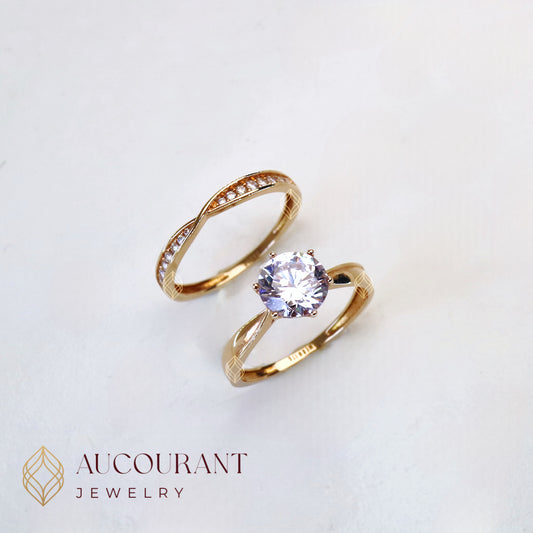 Cincin Emas Kombinasi dua Model Solitaire mata Besar Bulat(R)ound Kombinasi Solitaire Mata Bulat(R)ound. Emas Rose Gold 17K