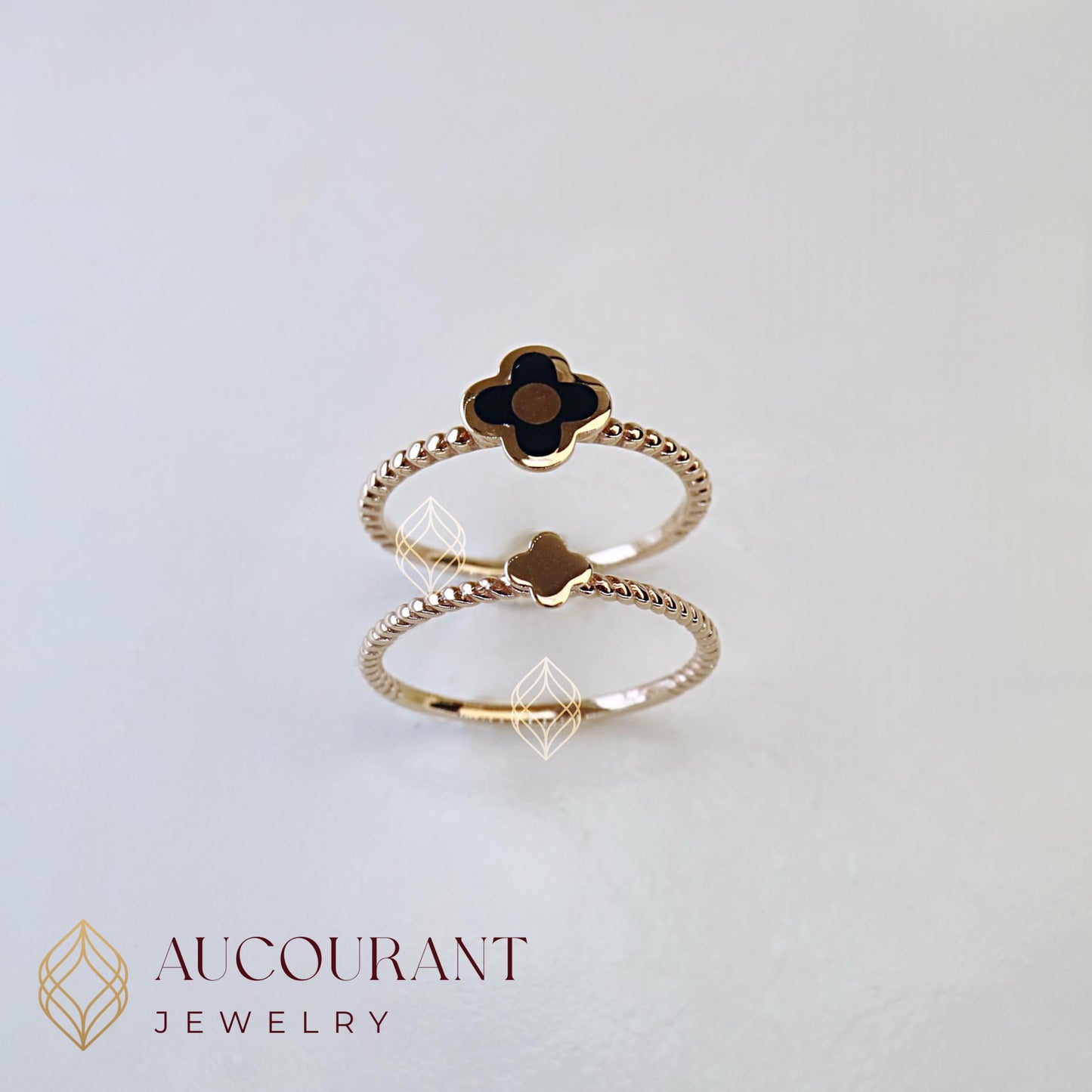 Cincin Emas model Double Clover hitam dan polos. Emas Rose Gold 17K