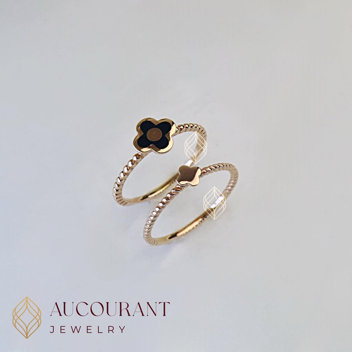 Cincin Emas model Double Clover hitam dan polos. Emas Rose Gold 17K