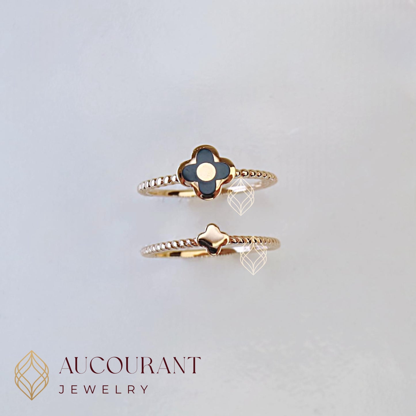 Cincin Emas model Double Clover hitam dan polos. Emas Rose Gold 17K