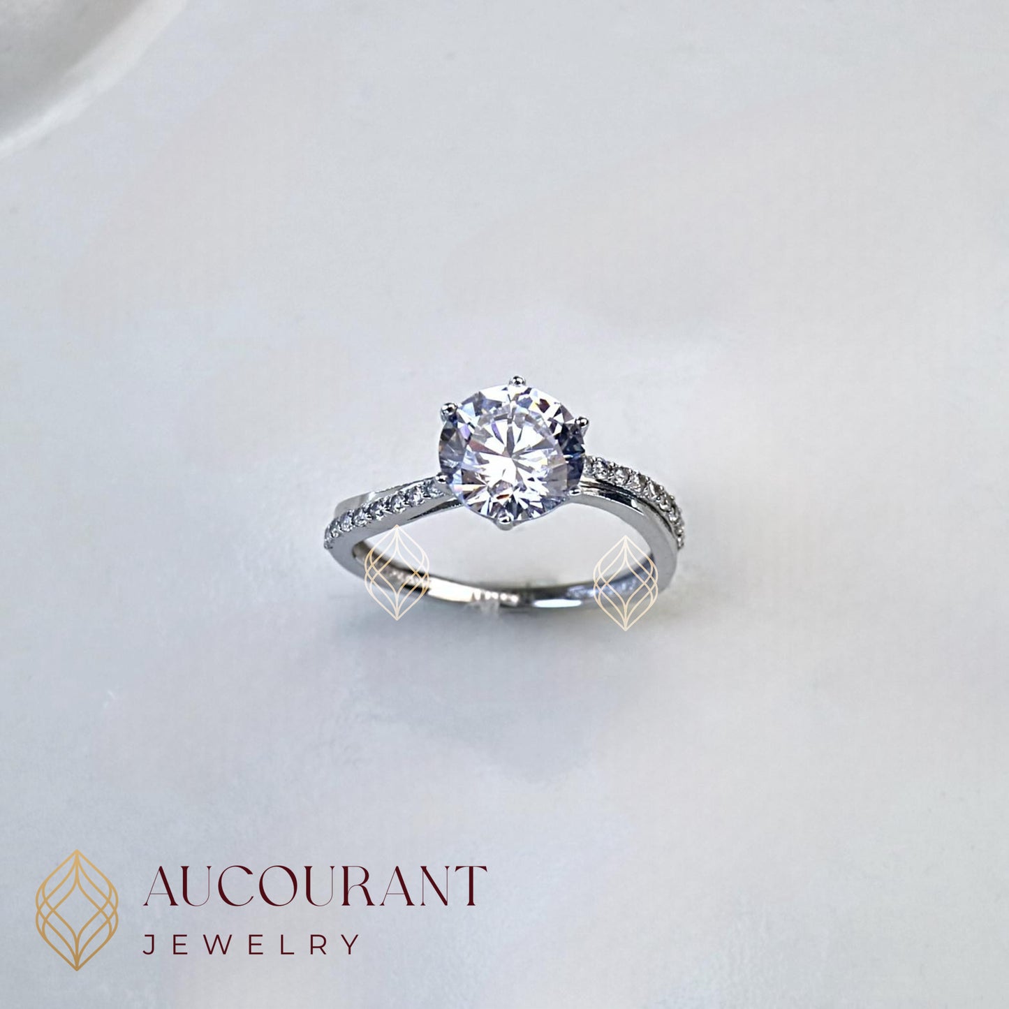 Cincin Emas CW Model Solitaire melingkar miring AD R. Emas White Gold 17K.