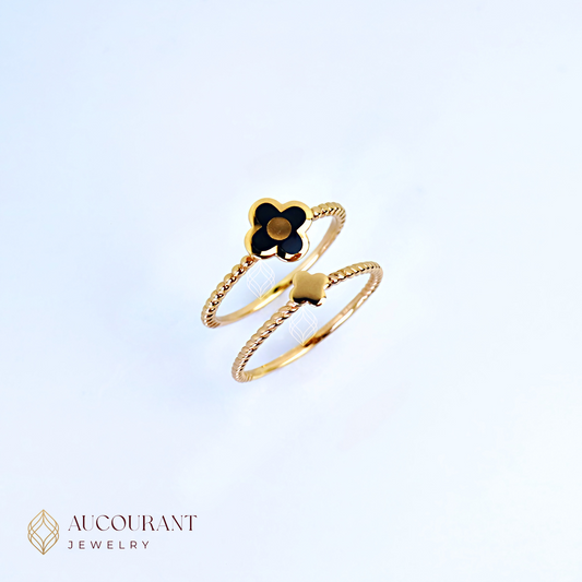 Cincin Emas model Double Clover hitam dan polos. Emas Rose Gold 17K